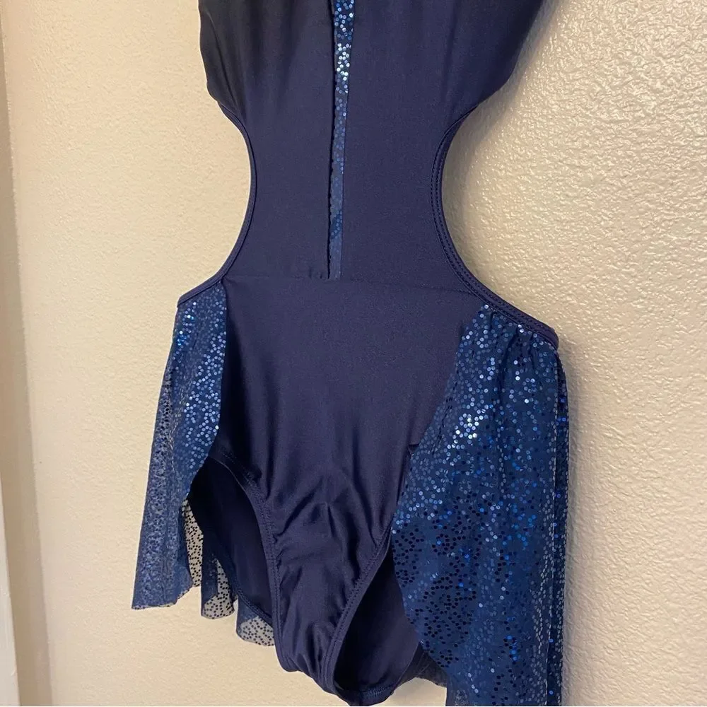 Double platinum dance Costume leotard blue sequin dress N7799P -adult M